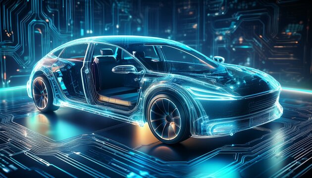 the future of automotive technology a transparent car on a circuit board