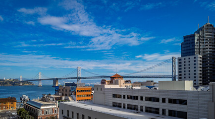 Downtown views with Bay Bridge in SOMA neighborhood, San Francisco, California