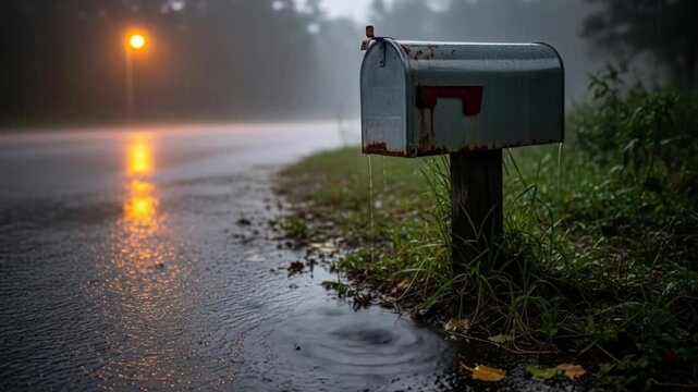 Rainy day scene featuring an old mailbox beside a road with a glowing streetlight. 