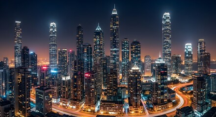 Naklejka premium Night Skyline of Modern City A Panoramic View of Urban Architecture