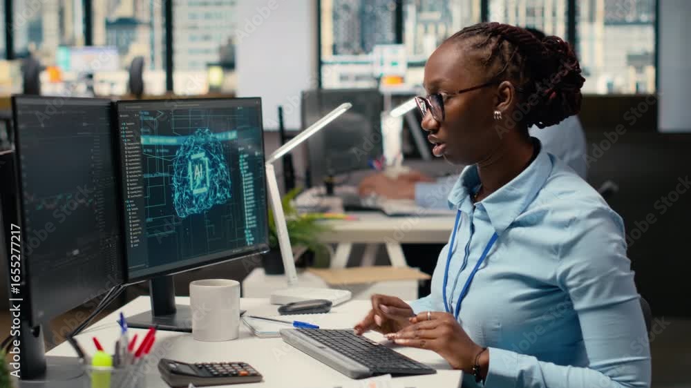 Poster portfolio manager in office using ai tech to evaluate capital allocation based on economic charts. a