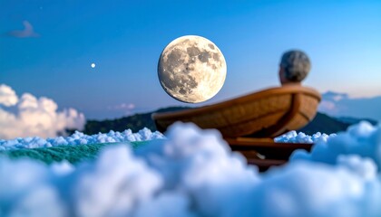 A serene figure sits in a wooden boat, observing a luminous moon, high above a landscape of soft clouds and gentle waves.