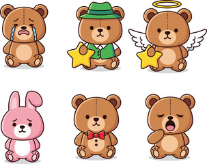 Cartoon bear and rabbit character set, emotional expressions, crying, angel wings, sad pose, cute animal illustration, vector mascot design