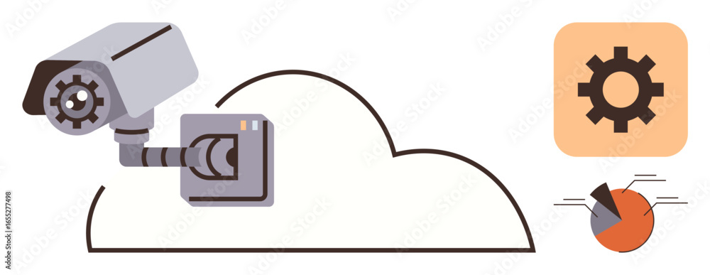 Poster security camera linked to a cloud, gear for configuration, and data analytics graph. ideal for techn