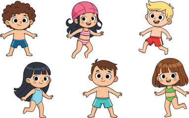 Cartoon children in swimwear, diverse kids, beach pool fun, colorful outfits, summer vector, playful pose, cad drawing, flat illustration