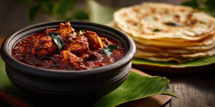 Chettinad chicken curry in clay pot with parotta on banana leaf