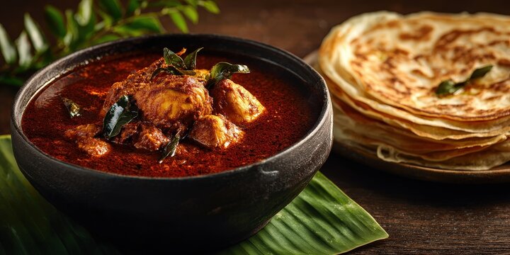 Chettinad chicken curry in clay pot with parotta on banana leaf
