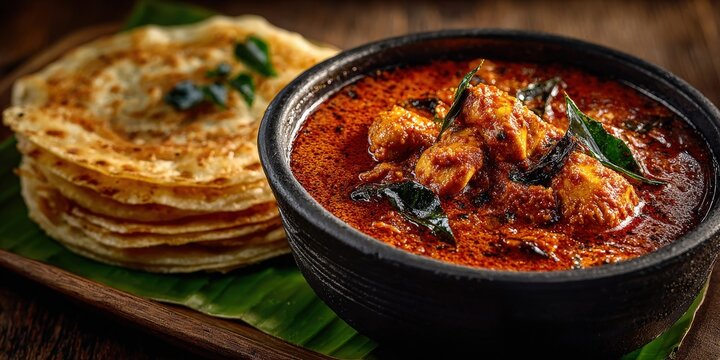 Chettinad chicken curry in clay pot with parotta on banana leaf