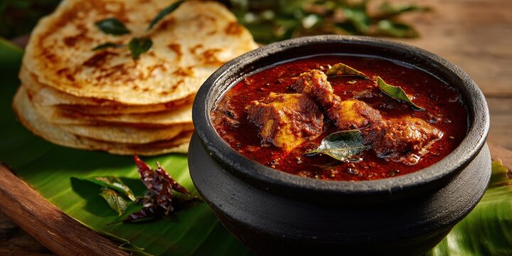 Chettinad chicken curry in clay pot with parotta on banana leaf