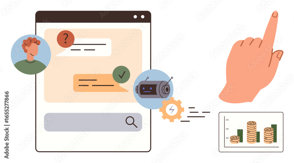 Poster chat interface with user messages, ai chatbot interaction, automation settings, financial bar chart,