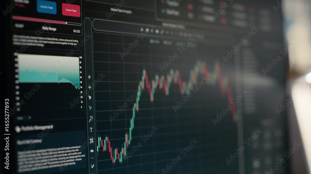 Poster stock market metrics graphs displayed on computer screens in investment firm office. workstation in 