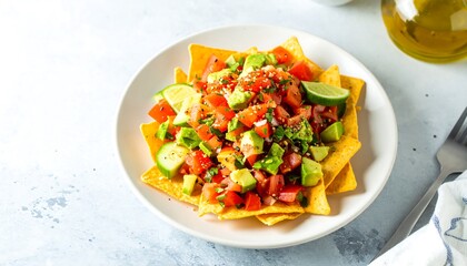 A vibrant display of delicious avocado, tomato, and lime salsa atop crispy tortilla chips on a white plate.