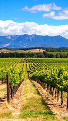Obraz premium Lush vineyard rows stretch towards distant mountains under a vibrant blue sky