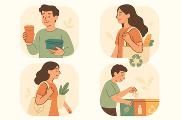 Stylized Flat Vector Illustration of People Practicing Sustainable Home Habits &mdash; Reusable Containers, Cloth Bags, and Waste Separation