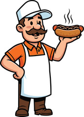 Cartoon hot dog vendor, confident food seller, steaming sausage, apron character, street snack art, cad drawing, flat vector illustration