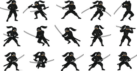 Cartoon ninja character set, sword poses, black outfit, martial arts stances, action movement, cad drawing, flat vector illustration, ponytail
