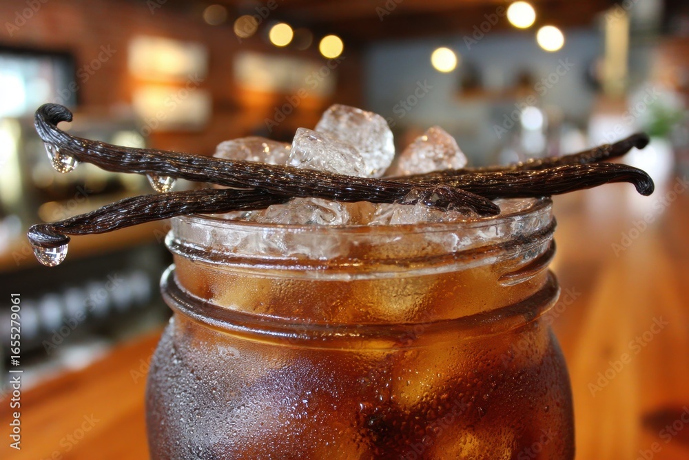 Poster close-up of a refreshing iced drink topped with two aromatic vanilla beans and ice cubes.