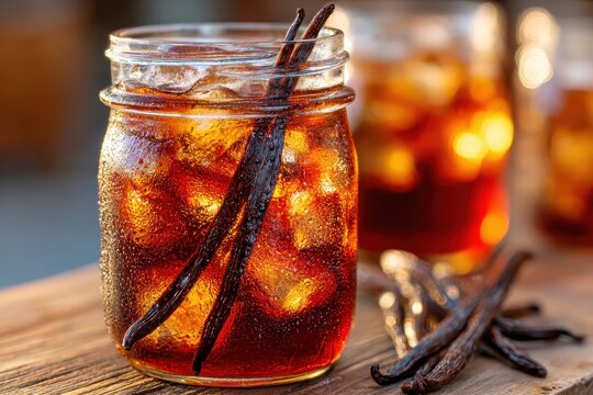 Refreshing iced vanilla flavored drink in a condensation-covered mason jar.