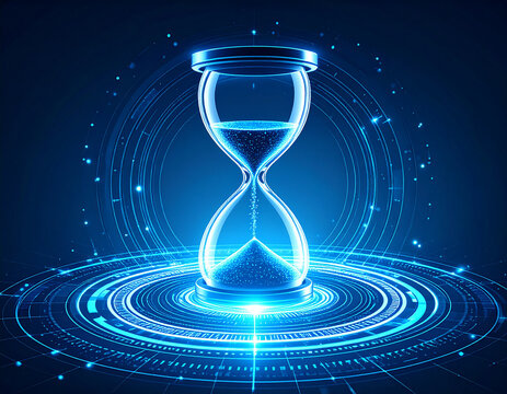 Hourglass with Flowing Particles on a Digital Circuit Board in Electric Blue - Powered by Adobe