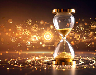 Golden Hourglass Flowing on Tech Circuit Board with Glowing Hexagonal Icons