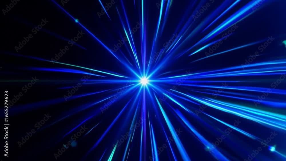 Poster luminous rays radiating from bright epicenter, generating starry glow pattern spreading across deep 
