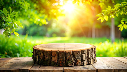 Rustic Wooden Tree Slice Display on Wooden Table, Sunny Spring Garden Background, Product Placement Mockup, Natural and Serene, Vibrant Green Foliage.