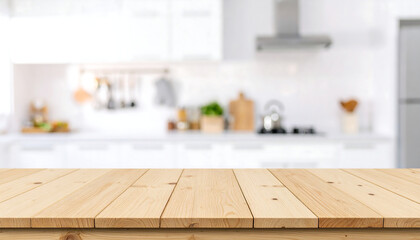 Light Wooden Tabletop Mockup: Blurred Modern Kitchen Background, Clean and Bright, Ideal for Product Placement or Food Photography.