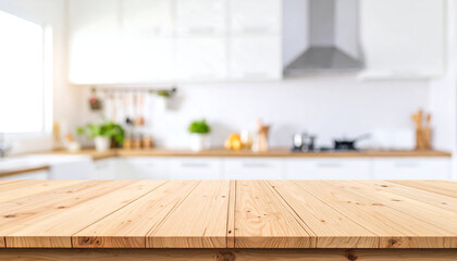 Light Wooden Tabletop Mockup: Bright Modern Kitchen Background, Clean and Minimalist Style, Perfect for Product Placement or Food Photography.