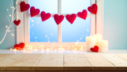 Romantic Valentine's Day scene: Wooden table, candles, red felt hearts, fairy lights, and a blurred window background.