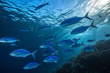 Fototapeta premium Many blue fish swim in the blue sea. EPA, DHA. High-quality oil. Health. Supplements.