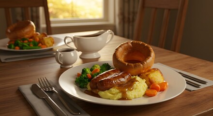 "Traditional Yorkshire Pudding and mashed potatoes with gravy, a comforting dish from British cuisine"