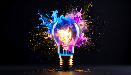 Vibrant blue and purple paint explode from a glowing lightbulb, creating a dynamic and innovative concept image perfect for technology, creativity, and energy themes.