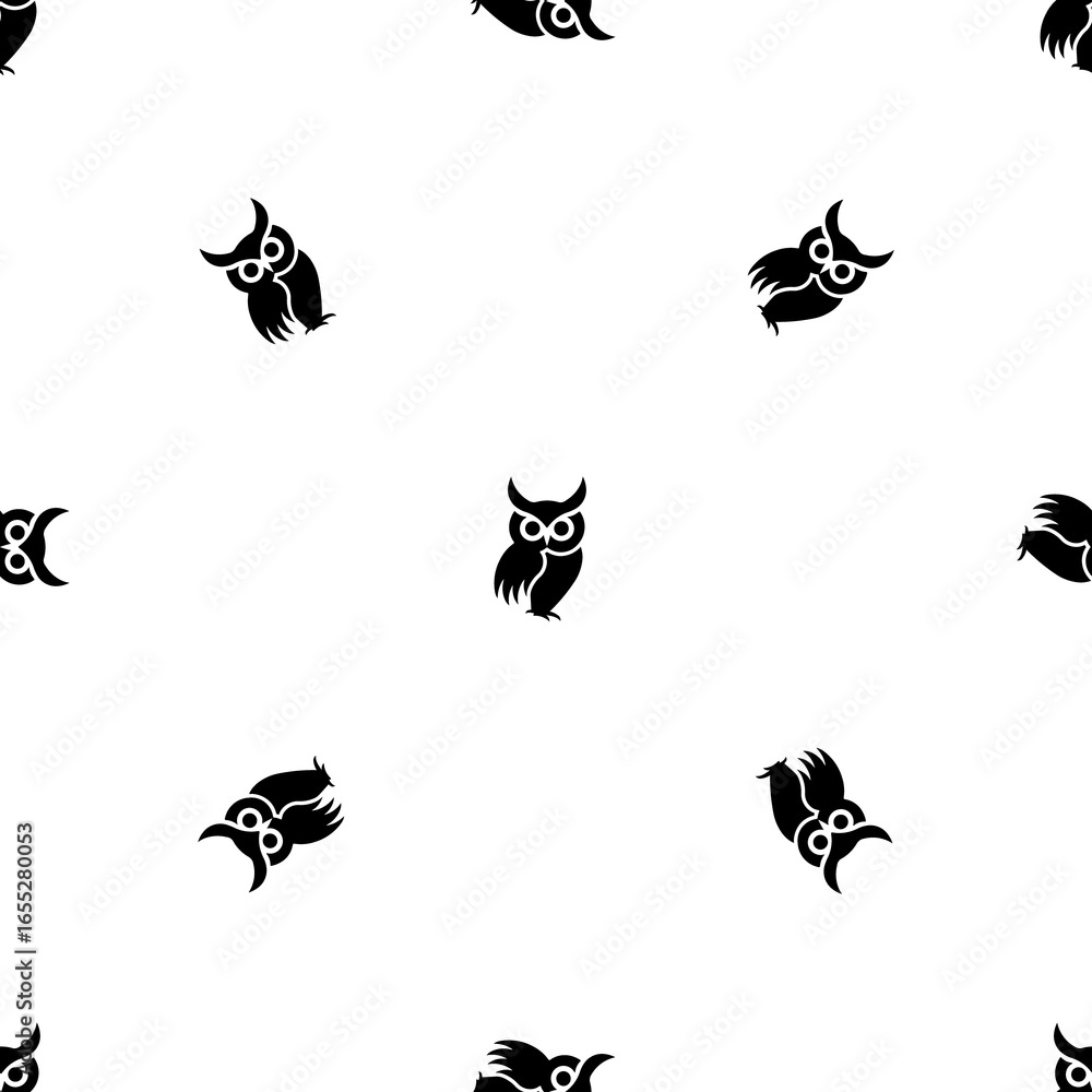Poster seamless pattern of repeated black owl symbols. elements are evenly spaced and some are rotated. ill