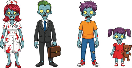 Cartoon zombie characters set, nurse, businessman, teenager, girl with teddy bear, vector illustration, horror theme, undead professions