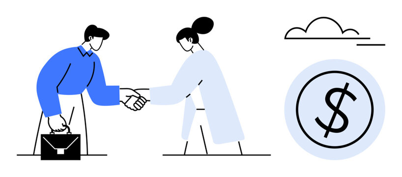 Man and woman shaking hands, symbolizing partnership, teamwork, and financial deal with a coin icon nearby. Ideal for business, collaboration, agreement, negotiation, finance success teamwork