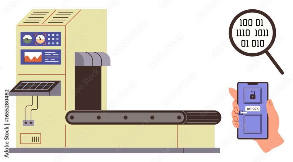 Poster conveyor system with control panel, graphs, smartphone unlocking via code, magnifying glass, and bin