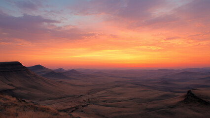Naklejka premium Vibrant orange sunset over a vast and tranquil landscape of rolling hills