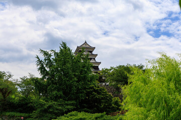 Traditional Japanese Castle Surrounded by Green Trees Under Cloudy Sky