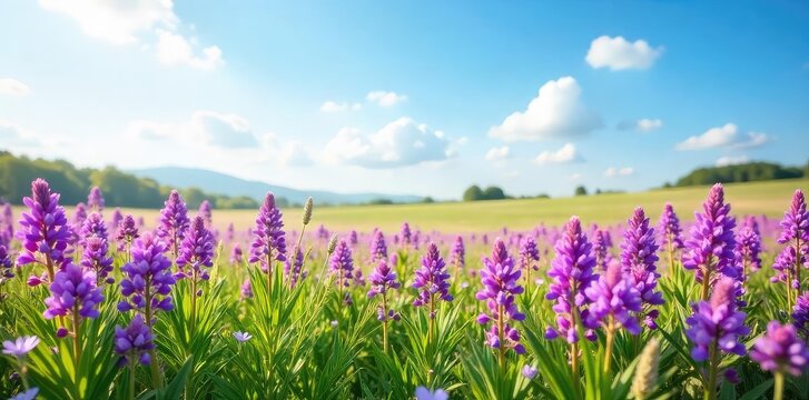 Fototapeta A breathtaking landscape of a field bursting with vibrant purple wildflowers swaying gently in the breeze under a clear sky Perfect for spring, nature, and serenity themes , tranquility, outdoor