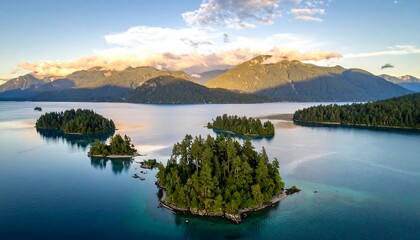 A serene lake vista reveals numerous islands, lush with vegetation, nestled amidst the tranquil waters.