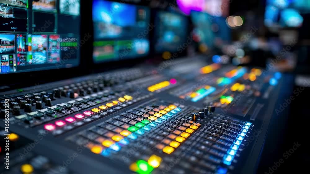 Poster professional video switcher is controlling and switching video screens with multiple buttons and lig
