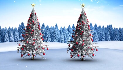Two snowy Christmas trees stand sentinel in a winter wonderland, adorned with sparkling ornaments and a golden star atop each, against a backdrop of frosted pines.