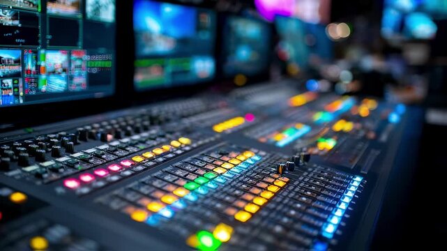 Professional video switcher is controlling and switching video screens with multiple buttons and lights. Creating a dynamic and technologically advanced atmosphere in a television studio control room