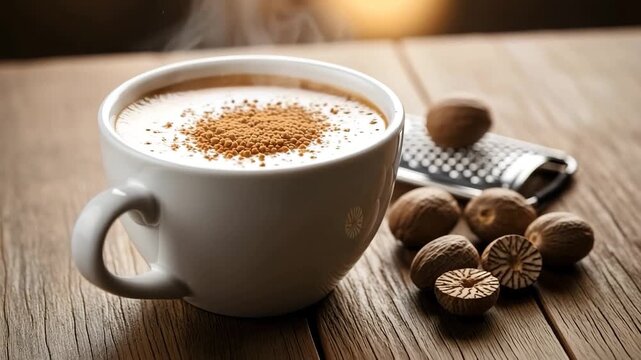 Coffee sprinkled with nutmeg in a white cup, aromatic and flavorful beverage