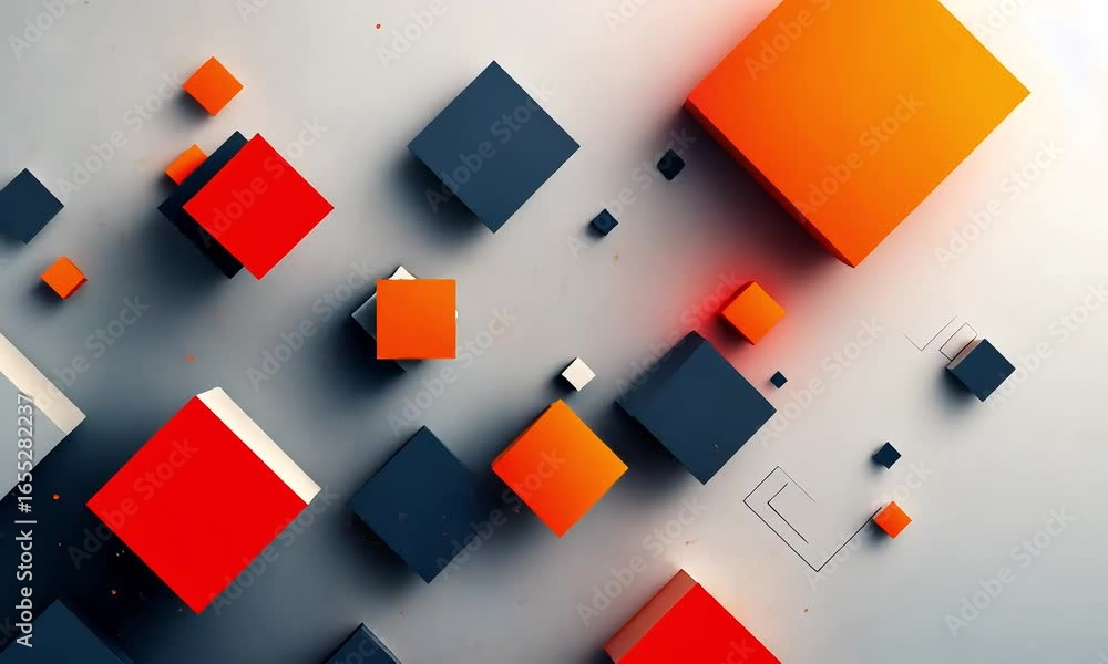 Poster dynamic abstract floating cubes in motion modern geometric design.