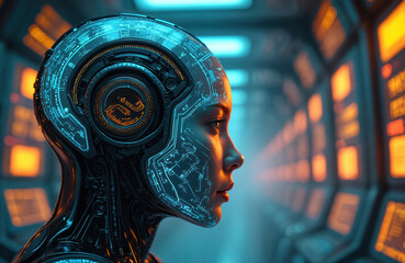 Futuristic android head profile with glowing neon circuit patterns. Advanced cybernetic design integrates human features with technology. Illuminated lines form intricate digital pathways on metallic