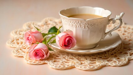 Fototapeta premium Elegant Tea Time with Delicate Pink Roses on Lace
