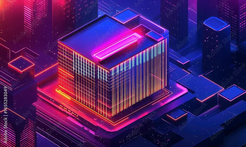 Poster dynamic futuristic cyber cityscape vibrant neon lights digital data flow and abstract network grid.