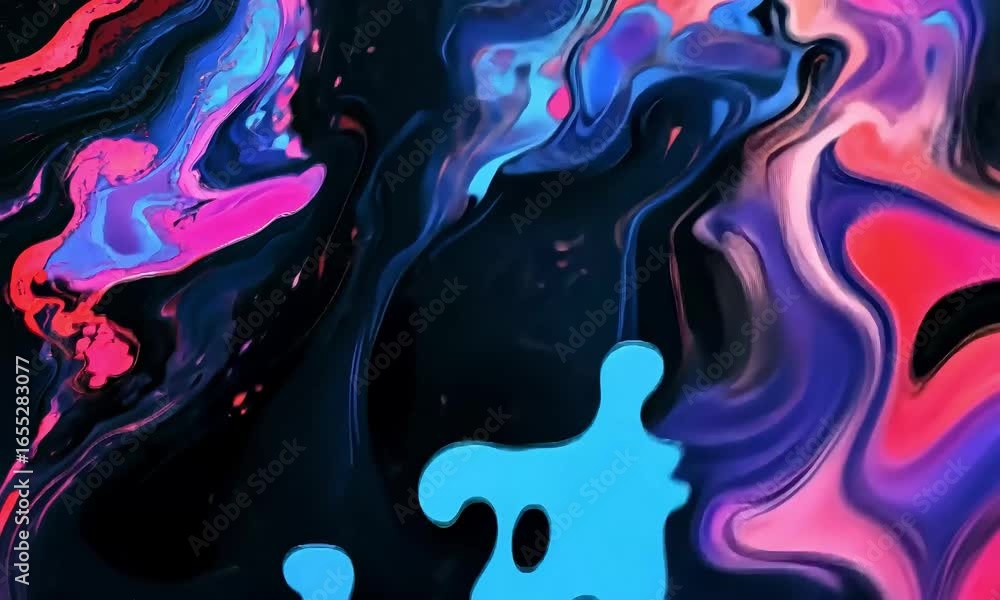 Poster dynamic flow of vibrant pink and blue abstract liquid paint creating swirling cosmic patterns.