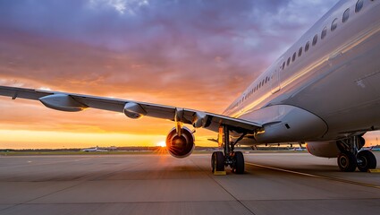 Airplane wing engine and landing gear at sunset on the tarmac